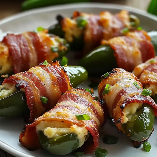 Pimentas enroladas em bacon num prato.
