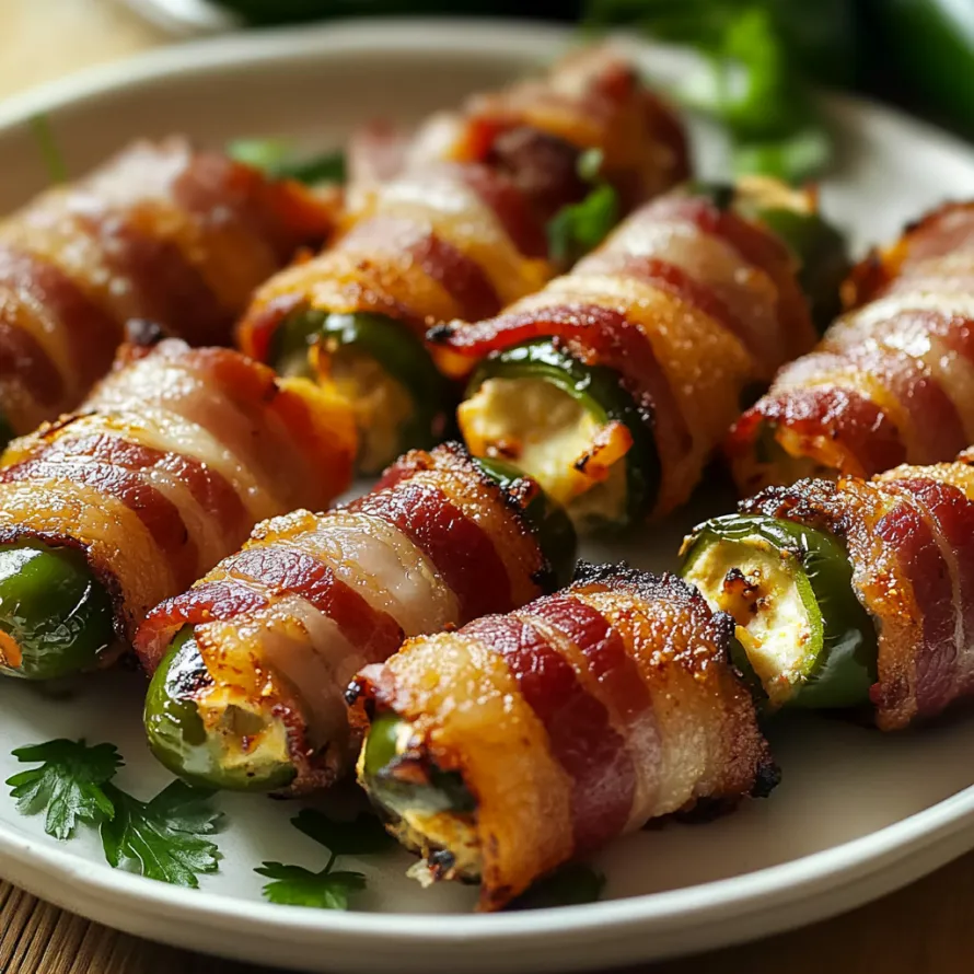 Pimentas envoltas em bacon num prato.