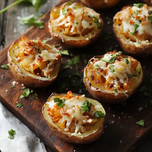 Uma tábua de madeira com 6 batatas assadas cobertas de queijo.