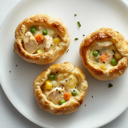 Três pequenas tortinhas com ervilhas e cenouras.