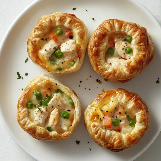Quatro pequenas empadinhas recheadas com frango e ervilhas.