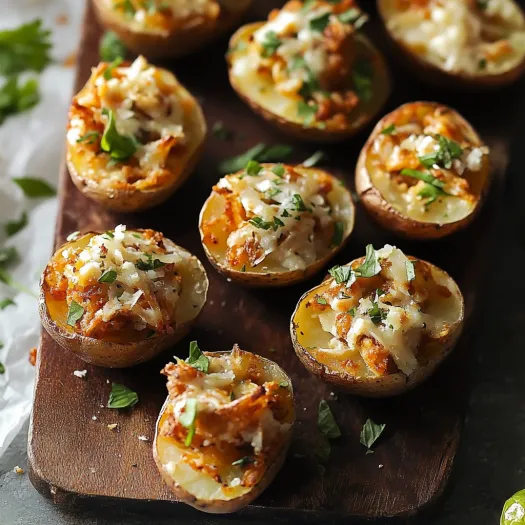Um prato de madeira com 12 batatas recheadas.