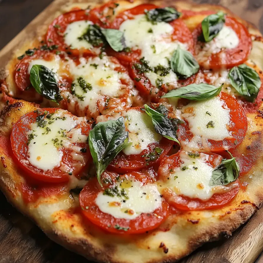 Uma pizza com tomates e queijo numa tábua de madeira.