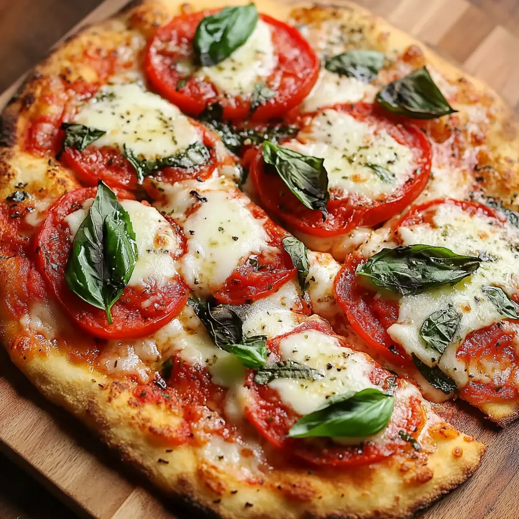 Uma pizza com tomates e manjericão por cima.