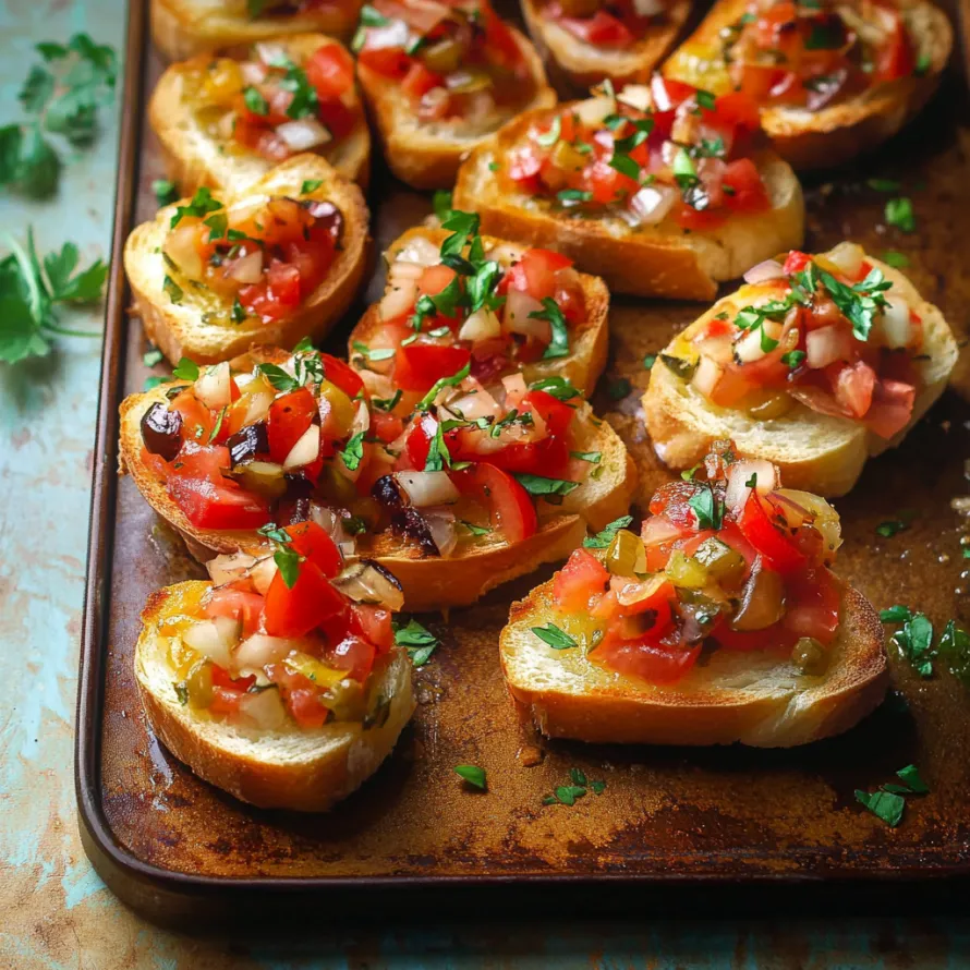 Uma bandeja de pão tostado com tomates e ervas.