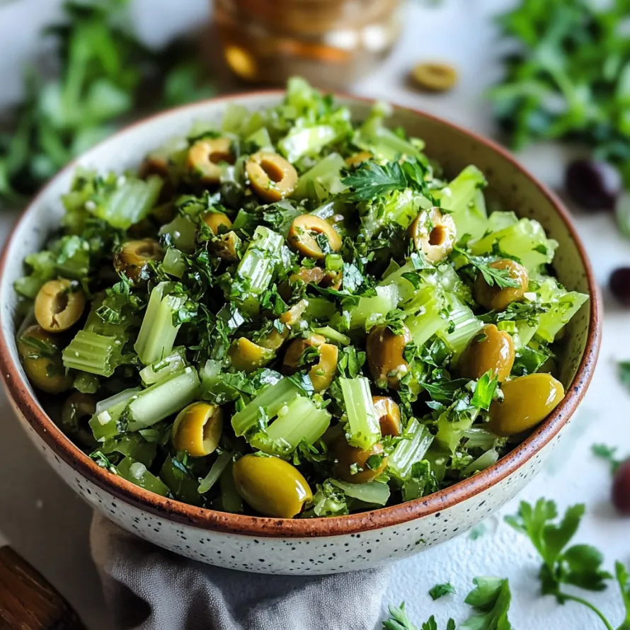 Uma tigela de vegetais com azeitonas e verduras.