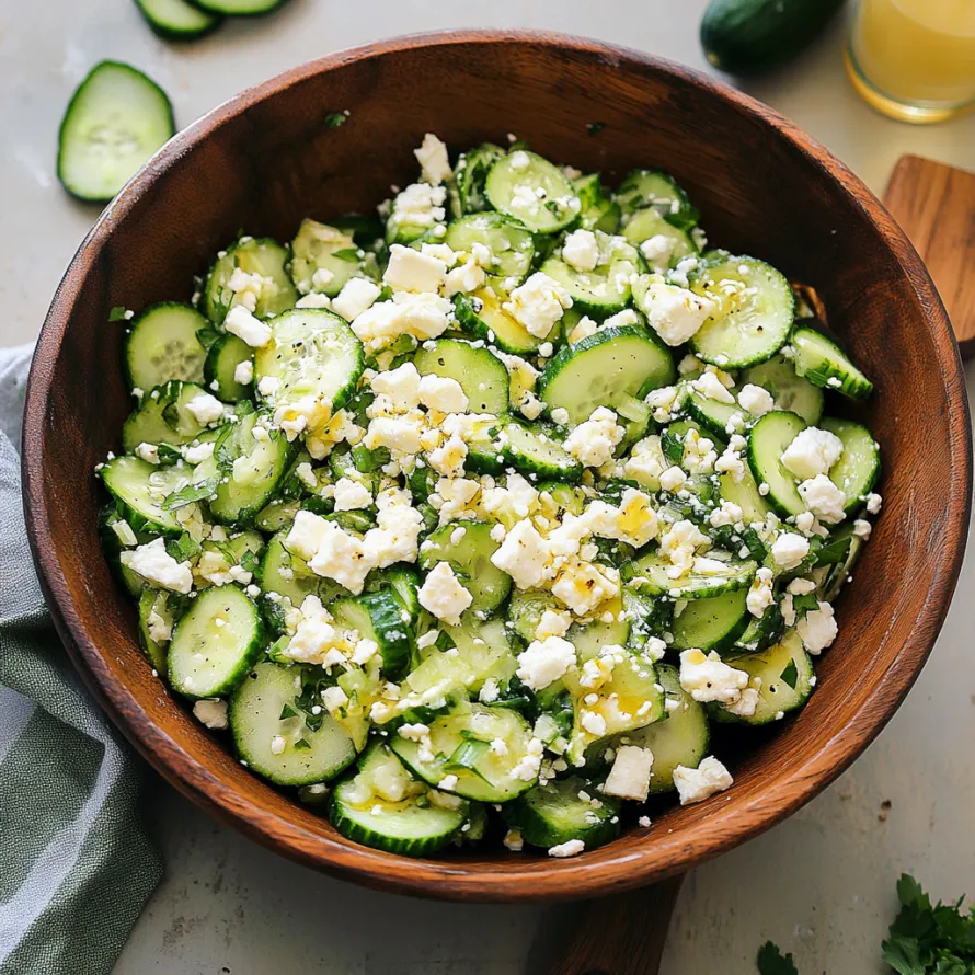 Uma tigela de salada de pepino com queijo feta.