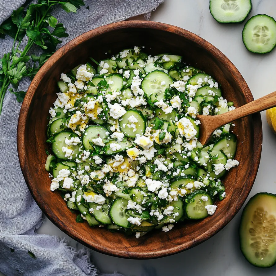 Uma tigela de salada de pepino com queijo feta.