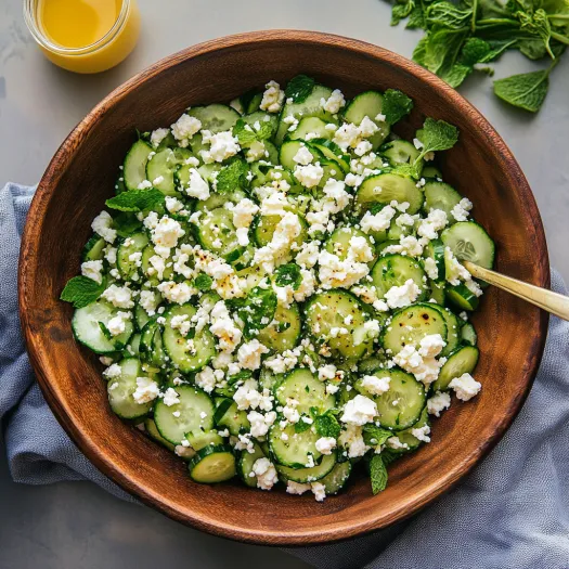 Uma tigela de salada de pepino com queijo feta.