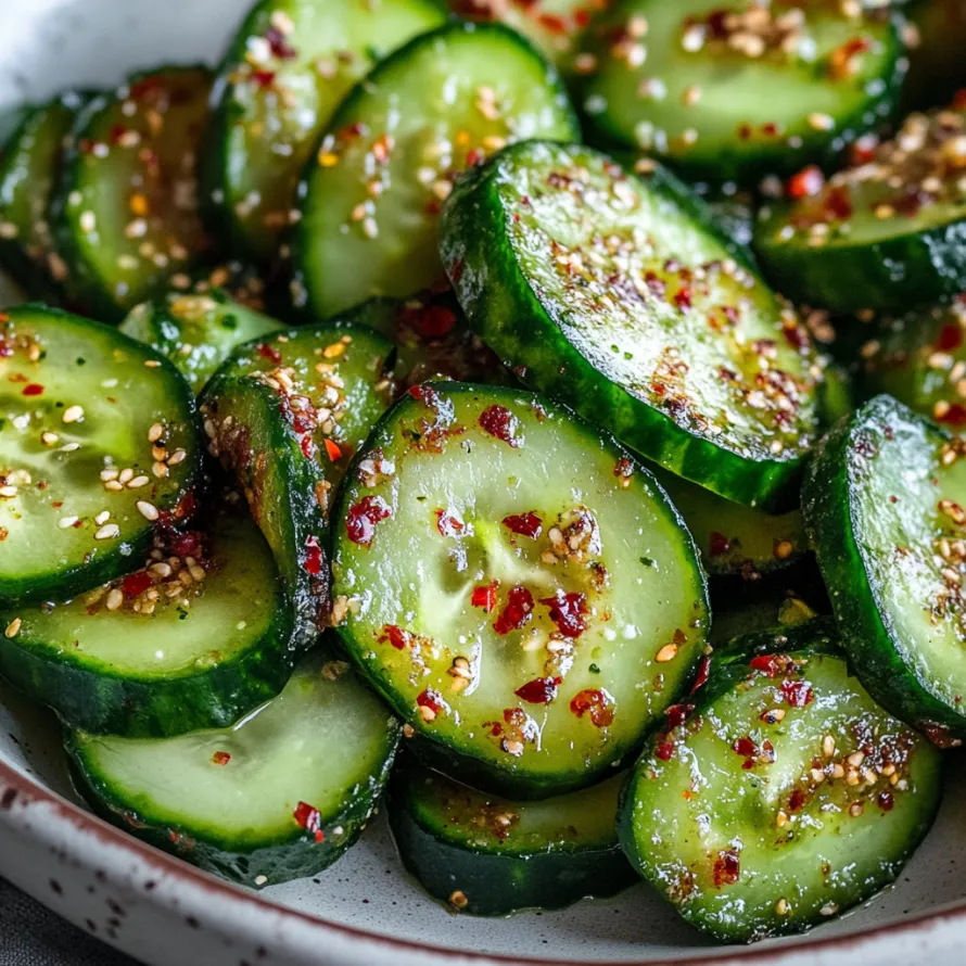 Uma tigela de pepinos fatiados com temperos.