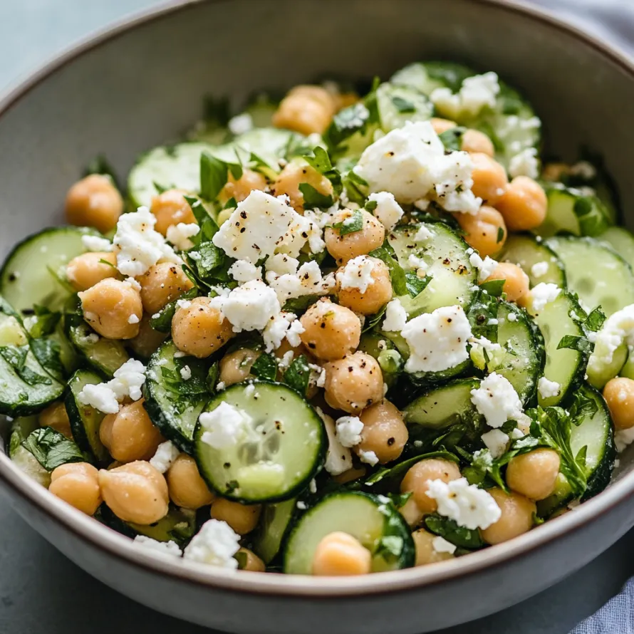 Uma tigela de vegetais com grão-de-bico, pepinos e queijo feta.
