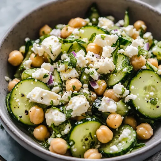 Uma tigela de vegetais incluindo pepinos, grão-de-bico e queijo feta.