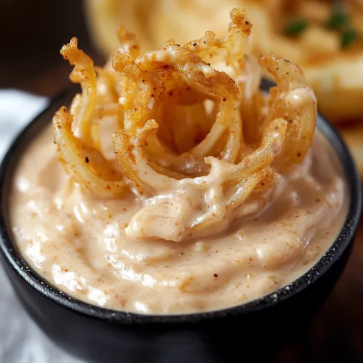 A bowl of food with a fried onion on top.