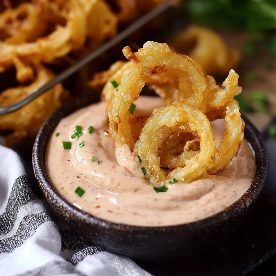 Uma tigela de molho de alho com um anel de cebola frita em cima.