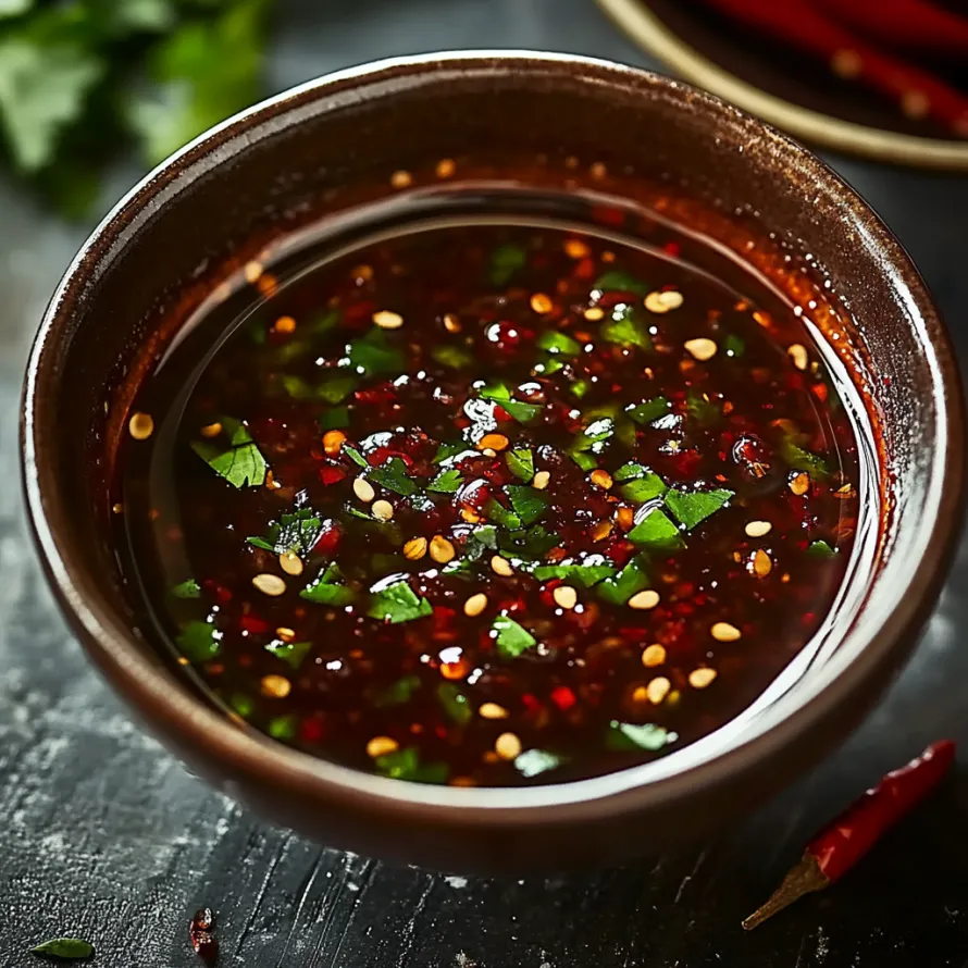 Uma tigela de molho vermelho com especiarias verdes.