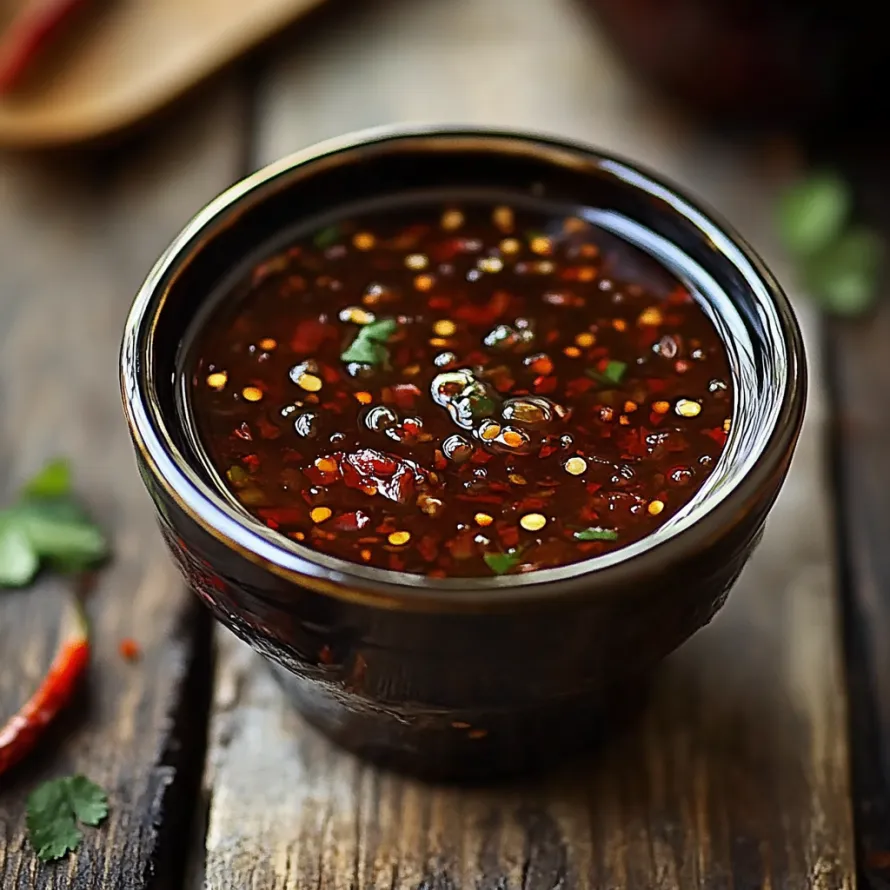 Uma tigela de molho com pimentos vermelhos.