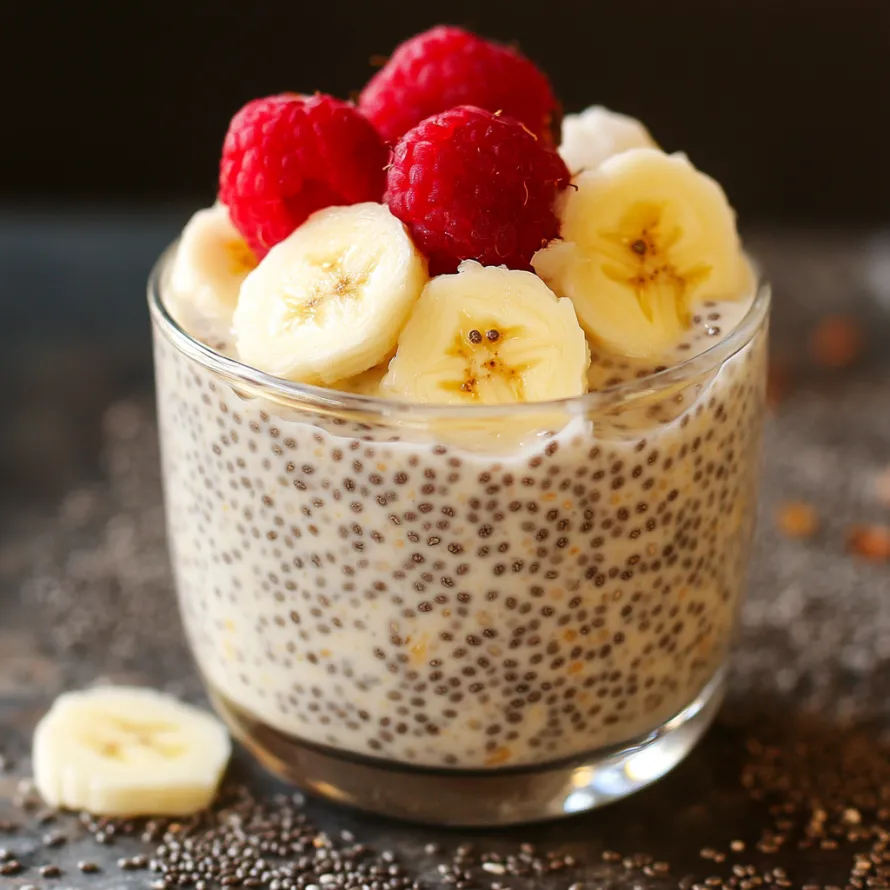Um copo de iogurte com bananas e framboesas.