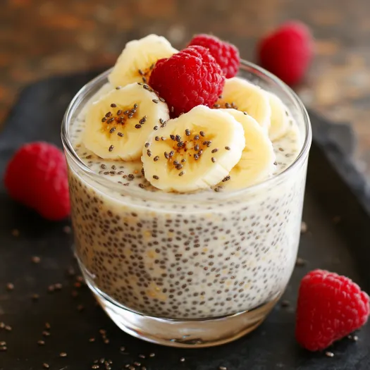 Um copo de iogurte com bananas e framboesas.