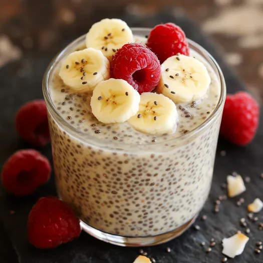 Um copo de iogurte com bananas e framboesas.