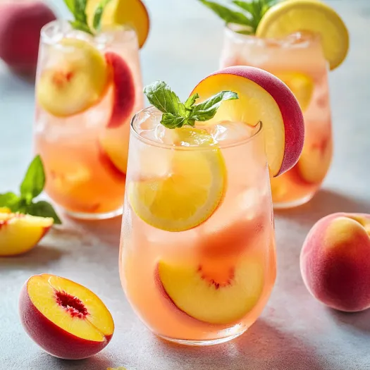 Um copo de suco de pêssego com uma fatia de pêssego dentro.