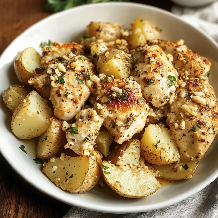 Um prato de comida com frango, batatas e ervas.