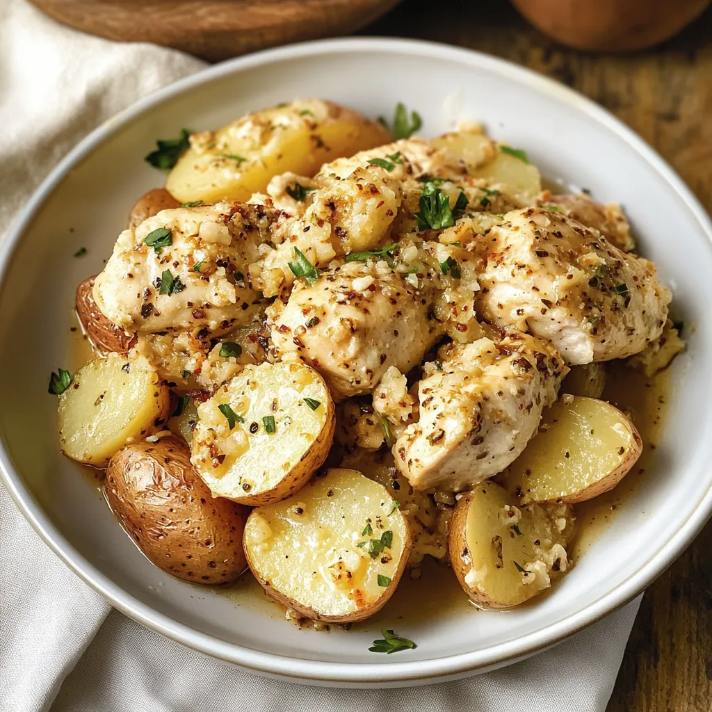 A bowl of chicken and potatoes.