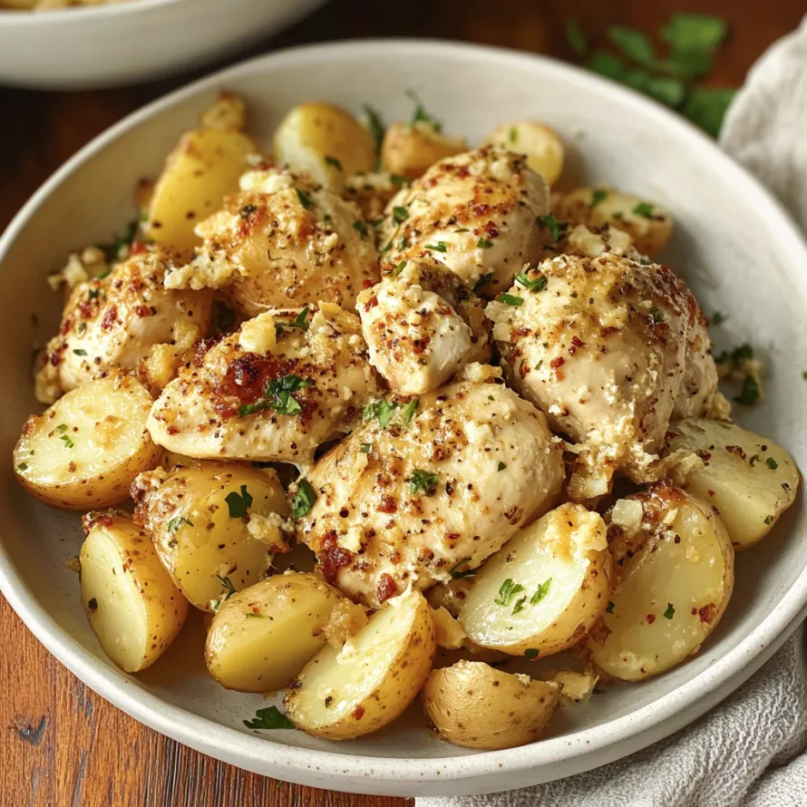 A bowl of chicken and potatoes.