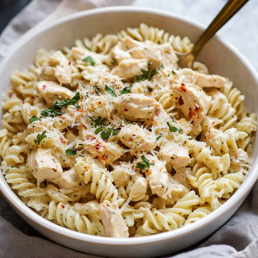 A bowl of pasta with chicken and cheese.