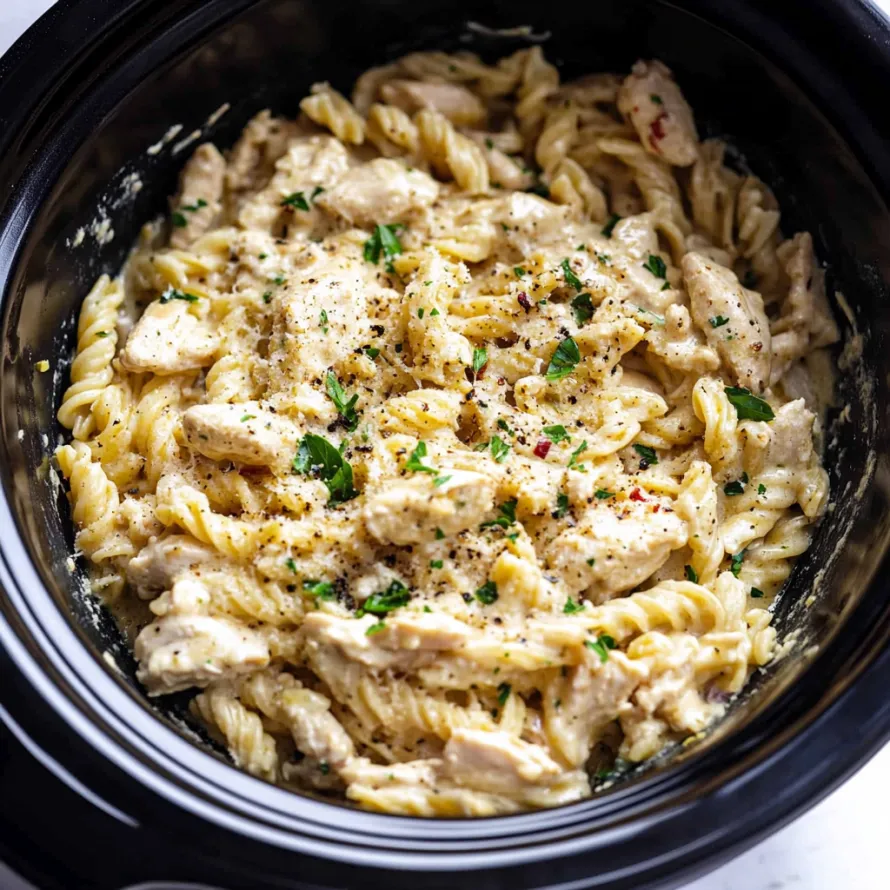 Uma tigela de macarrão com frango e queijo.