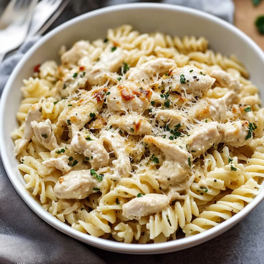 Uma tigela de macarrão com frango e queijo.