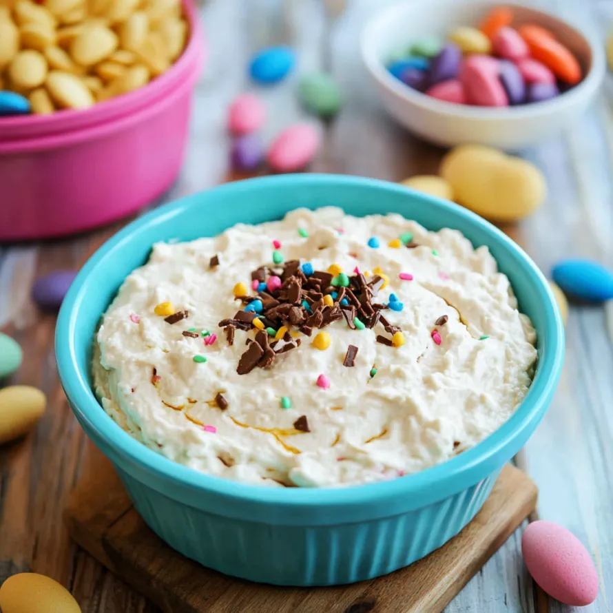 Uma tigela de bolo com gotas de chocolate e confeitos coloridos.