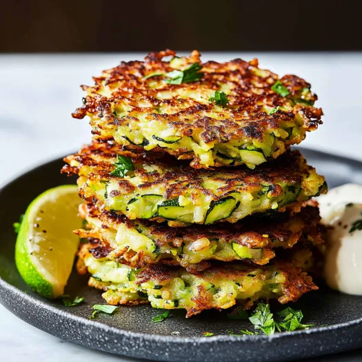 Um monte de três panquecas com vegetais verdes.