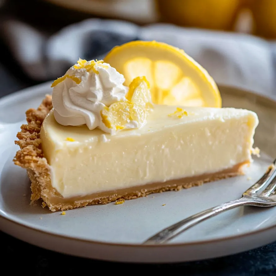 Uma fatia de cheesecake de limão com chantilly por cima.