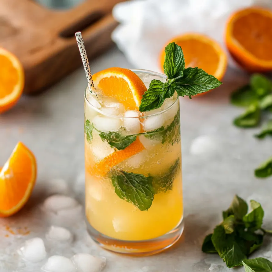 Um copo de suco de laranja com hortelã como decoração.