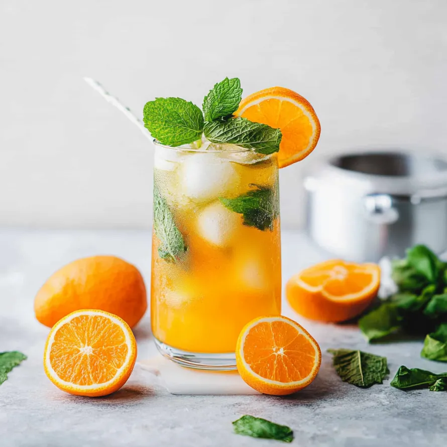 Um copo de sumo de laranja com uma palhinha e algumas laranjas.