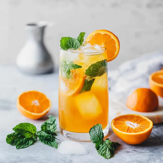 Um copo de sumo de laranja com uma fatia de laranja dentro.