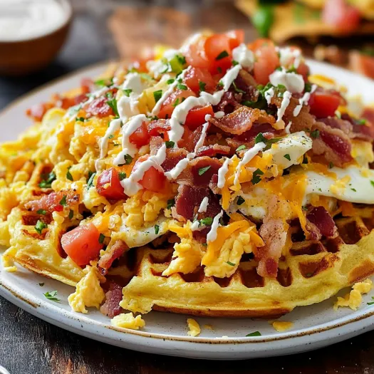 Um prato com batatas, bacon, tomates e queijo.