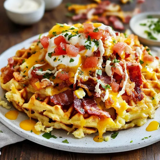 Um prato de comida com uma waffle por cima.