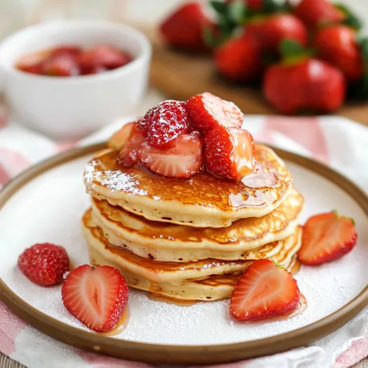 A stack of pancakes with strawberries on top.