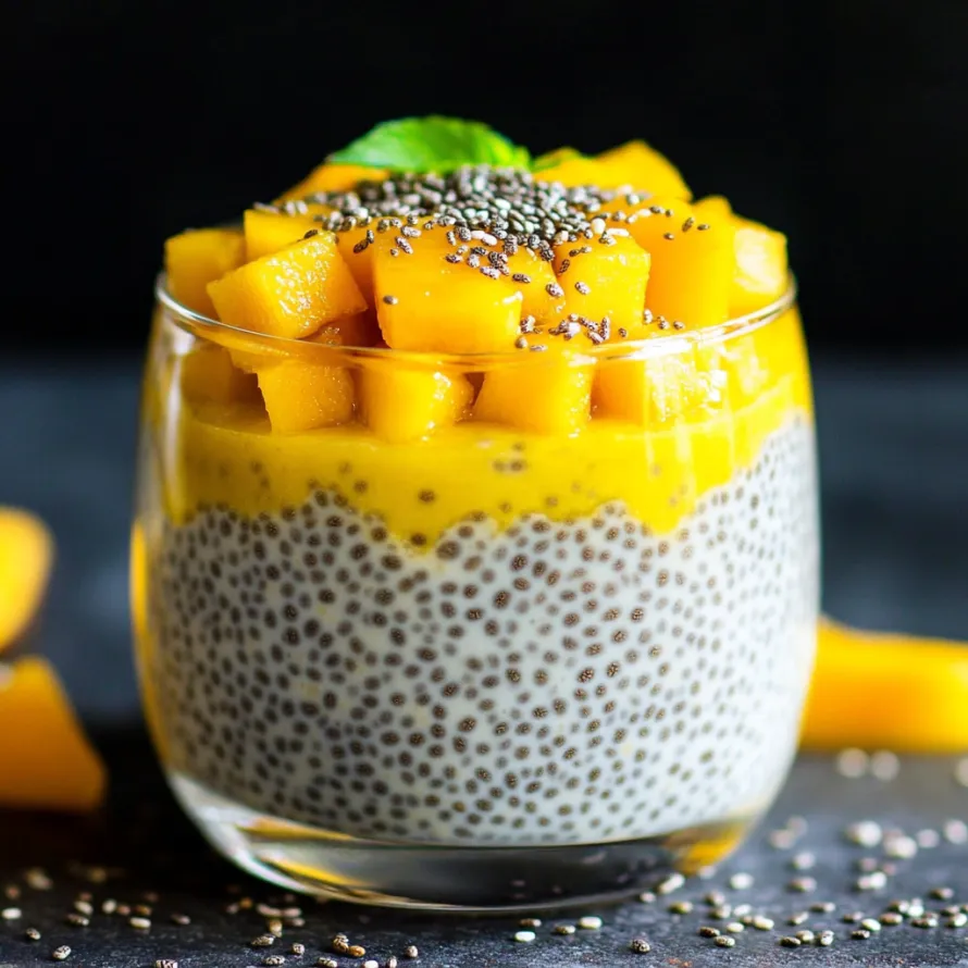 Um copo de iogurte com sementes de chia e fruta.