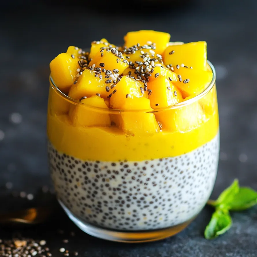 Um copo de iogurte com granola e manga.
