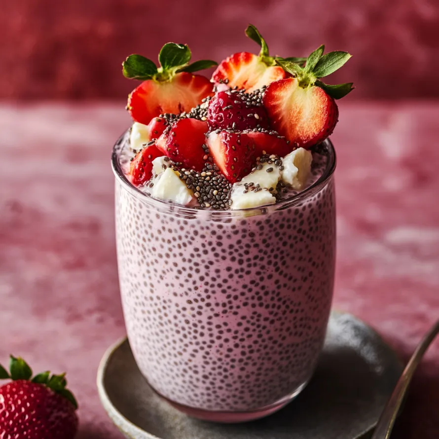Um copo de iogurte de morango com granola.