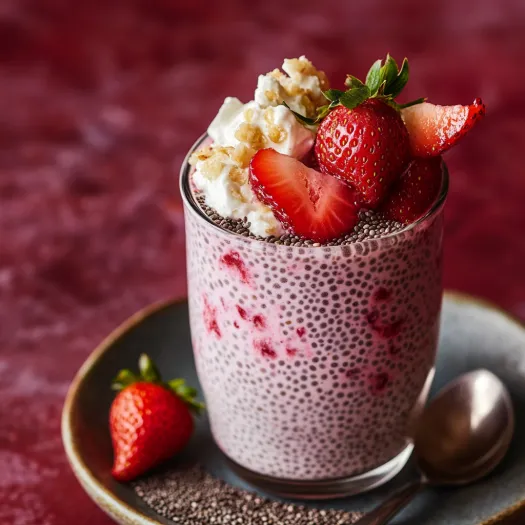 Um copo de pudim com morangos e granola.