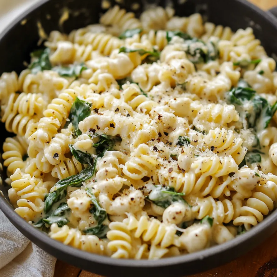 A bowl of pasta with spinach and cheese.