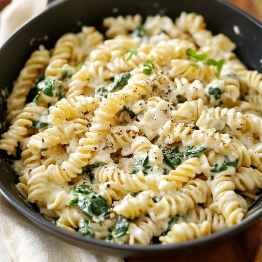 A bowl of pasta with spinach and cheese.