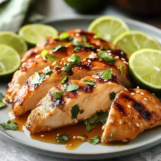 Um prato de frango com pedaços de limão ao lado.