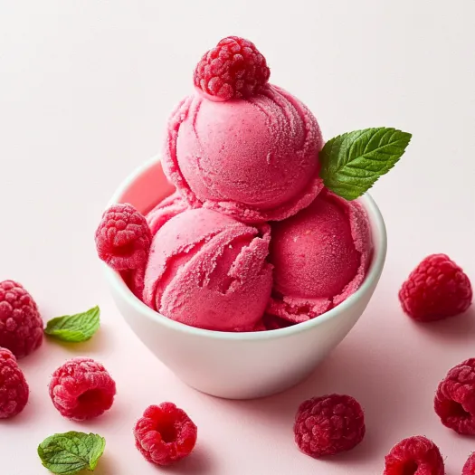 Uma tigela de sorvete rosa de framboesa.