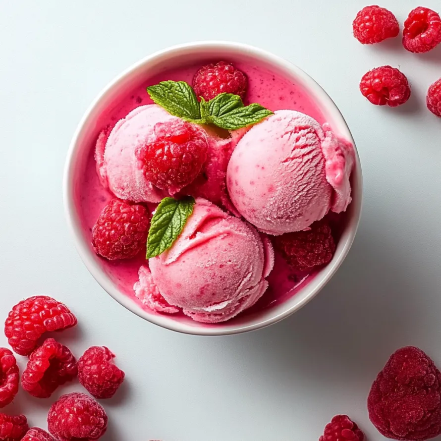 Uma tigela de sorvete rosa de framboesa.