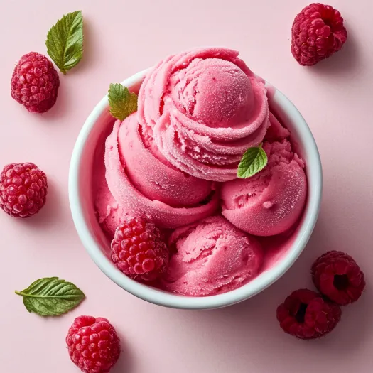 Uma tigela de sorvete rosa com framboesas.