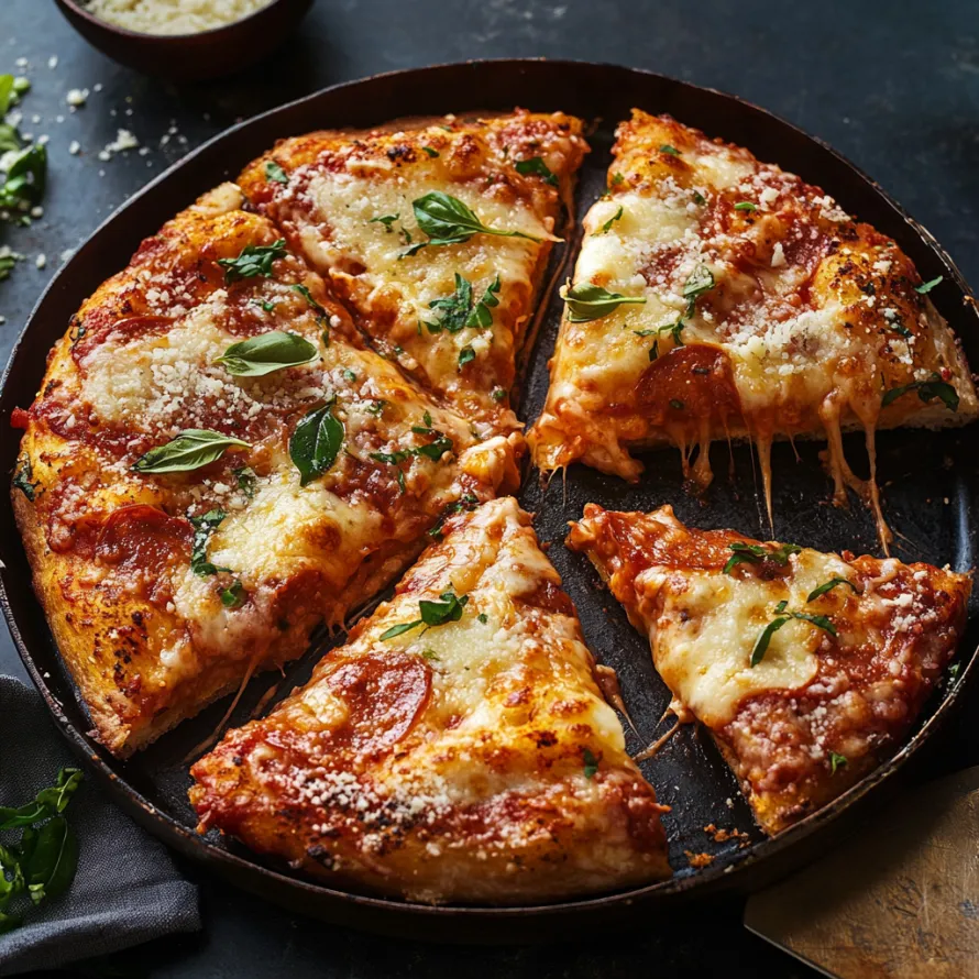 Uma pizza com queijo e manjericão em uma frigideira.